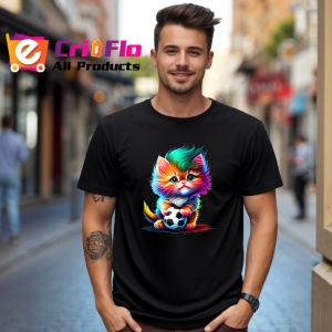 Tricou Pisicuta multicolora cu minge de fotbal si ochi mari Copii | Dama | Barbat, culoare negru - Img 6