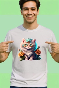 Tricou Pisicuta pufoasa cu floare si fundal alb luminos Copii | Dama | Barbat - Img 2