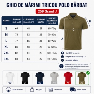 Tricou Polo Bărbați 259 Grand, 100% Bumbac Mercerizat, Guler Polo cu 3 Nasturi, S–3XL, 6 Culori - Img 4