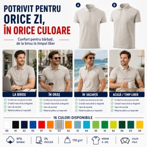 Tricou Polo Bărbați Malfini Cotton 212, 100% Bumbac, 170 g/m², Guler Polo, 16 Culori, Mărimi S-3XL - Img 8
