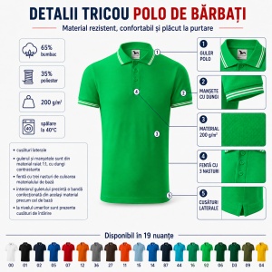 Tricou Polo Bărbați Malfini Urban 219, cu Dungi la Guler, Tip Tommy, 65% Bumbac, 200 g/m², 19 Culori, Mărimi S–3XL - Img 3