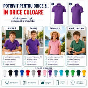 Tricou Polo Copii pentru Uniformă Școlară, Fete și Băieți, cu Guler - Img 7