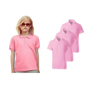 Fata imbracata in tricou polo prezinta setul de 3 tricouri polo roz