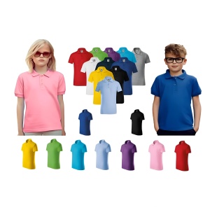 Fata si baiat imbracati in tricouri polo pentru copii prezinta culorile tricourilor roz violet alb gri inchis albastru regal negru