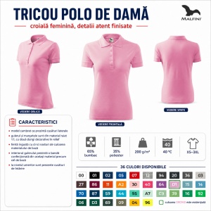 Tricou Polo Damă Malfini 210 Pique, Croială Cambrată, 200 g/m², Mărimi XS–3XL,65% Bumbac, 36 Culori - Img 6