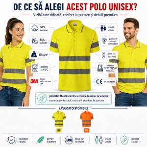 Tricou Polo Reflectorizant Unisex Damă/Bărbat HV Runway 2V9 cu Guler – Benzi 3M, 55% Bumbac - Img 2