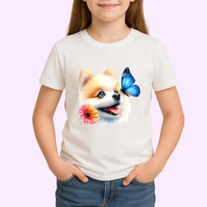 Tricou Pomeranian cu fluture albastru si floare roz adorabil si pufos Copii | Dama | Barbat Barbat - Img 4