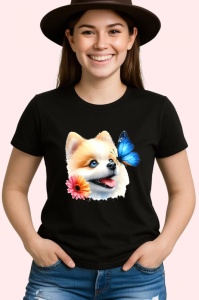 Tricou Pomeranian cu fluture albastru si floare roz adorabil si pufos Copii | Dama | Barbat Barbat