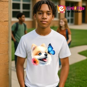 Tricou Pomeranian cu fluture albastru si floare roz adorabil si pufos Copii | Dama | Barbat Barbat - Img 7