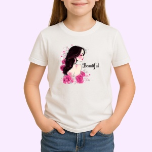 Tricou Profil Femeie Eleganta Flori Roz Fundal Gri, din bumbac 100% , tricou alb pentru Copii | Dama | Barbat