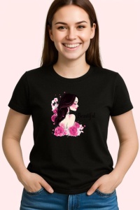 Tricou Profil Femeie Eleganta Flori Roz Fundal Gri, din bumbac 100%, tricou negru Copii | Dama | Barbat - Img 3