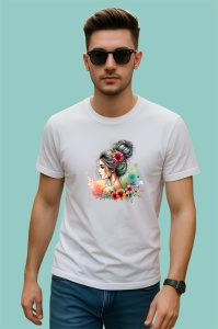 Tricou profile girl watercolor flower blend, fata in profil cu flori acuarela, Copii | Dama | Barbat - Img 2