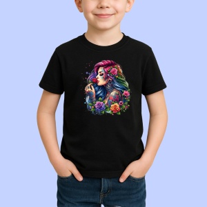Tricou Rainbow curls girl roses tattoo, fata cu bucle curcubeu si tatuaj trandafiri, Copii | Dama | Barbat , tricou negru - Img 2