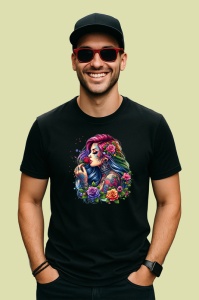 Tricou Rainbow curls girl roses tattoo, fata cu bucle curcubeu si tatuaj trandafiri, Copii | Dama | Barbat , tricou negru - Img 4