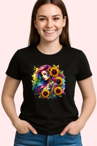 Tricou Rainbow ponytail girl sunflower look, fata cu coada curcubeu si floarea soarelui, Copii | Dama | Barbat , tricou negru
