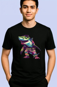 Tricou Rechin dansator colorat in pozitie comica Copii | Dama | Barbat, culoare negru - Img 2