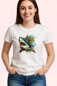 Tricou Rechin verde cu stropi colorati fundal alb Copii | Dama | Barbat