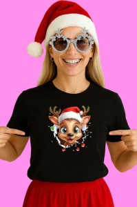 Tricou Ren Cu Caciula Si Fundal Deschis Craciun, din bumbac 100% Copii | Dama | Barbat - Img 3