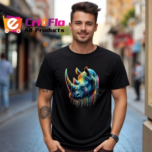 Tricou Rinocer albastru corn colorat design impunator si viu Copii | Dama | Barbat, culoare negru
