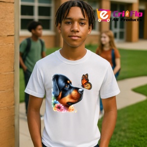 Tricou Rottweiler calm cu fluture portocaliu si flori colorate contrast vibrant Copii | Dama | Barbat Barbat - Img 7
