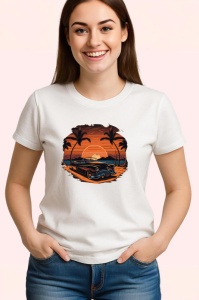 Tricou Rulota portocalie pe plaja cu palmieri si apus 2 Copii | Dama | Barbat - Img 3