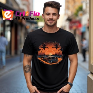 Tricou Rulota portocalie pe plaja cu palmieri si apus 2 Copii | Dama | Barbat, culoare negru