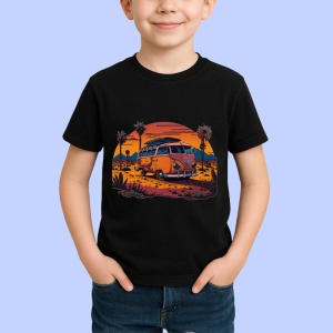 Tricou Rulota portocalie pe plaja cu palmieri si apus Copii | Dama | Barbat, culoare negru - Img 4