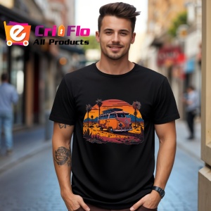 Tricou Rulota portocalie pe plaja cu palmieri si apus Copii | Dama | Barbat, culoare negru - Img 6