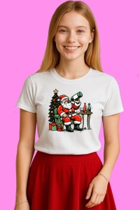 Tricou Santa Drinking Beer Christmas Funny, din bumbac 100%, tricou alb, Copii | Dama | Barbat - Img 2