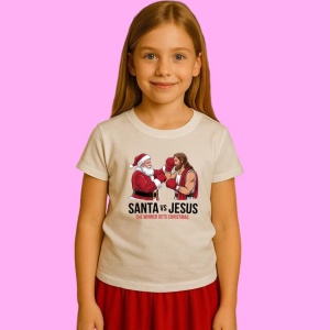 Tricou Santa Vs Jesus The Winner Gets Christmas, din bumbac 100%, tricou alb, Copii | Dama | Barbat