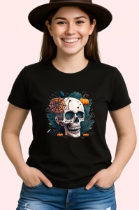 Tricou Schelet cu frunze portocalii si fundal toamna Copii | Dama | Barbat, culoare negru - Img 3