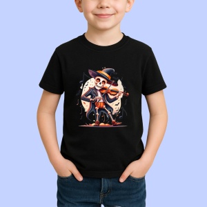 Tricou Schelet cu vioara si palarie vrajitor fundal alb Copii | Dama | Barbat, culoare negru - Img 3