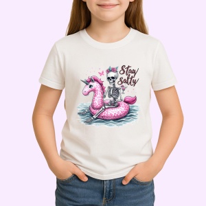 Tricou Schelet pe flamingo roz text stay salty design amuzant de vara Copii | Dama | Barbat Barbat - Img 4
