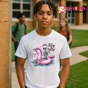 Tricou Schelet pe flamingo roz text stay salty design amuzant de vara Copii | Dama | Barbat Barbat - Img 8