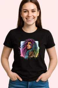 Tricou Side gaze rainbow hair girl, fata cu privire laterala si par curcubeu, Copii | Dama | Barbat , tricou negru - Img 3