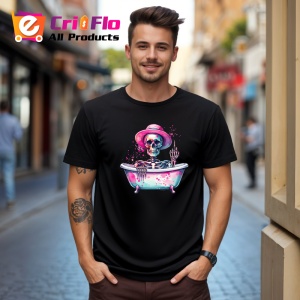 Tricou Skeleton in bathtub hat, schelet in cada cu palarie, Copii | Dama | Barbat , tricou negru - Img 10