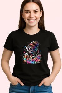 Tricou Skeleton makeup flowers tattoos, fata cu machiaj schelet si flori tatuate, Copii | Dama | Barbat , tricou negru - Img 3
