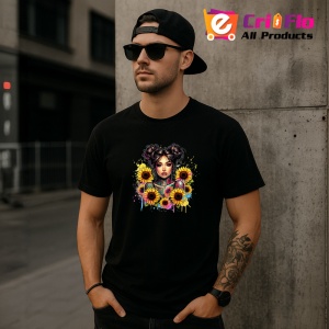Tricou Space buns girl sunflower burst, fata cu cocuri si floarea soarelui exploziva, Copii | Dama | Barbat , tricou negru - Img 11