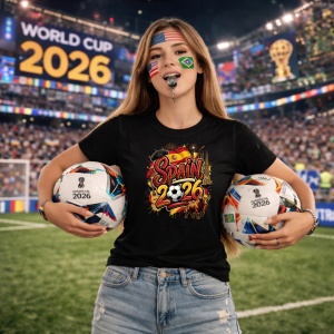 Tricou Spain World Cup 2026 Fifa, din bumbac 100%, tricou negru, Copii | Dama | Barbat - Img 9