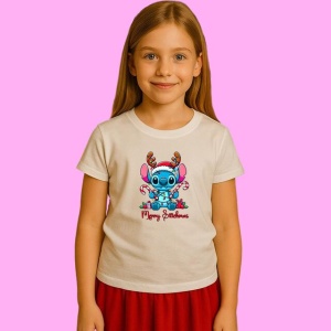Tricou Stitch Cu Coarne De Ren Merry Snitchmas, din bumbac 100%, tricou alb, Copii | Dama | Barbat