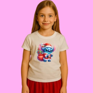 Tricou Stitch Cu Sac De Cadouri Rosu, din bumbac 100%, tricou alb, Copii | Dama | Barbat - Img 2