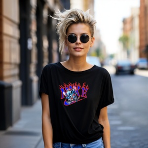 Tricou Stitch Fire Skate Tricou Negru - Copii | Dama | Barbat - Img 1