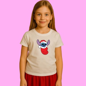 Tricou Stitch In Ciorap Rosu Craciun, din bumbac 100% Copii | Dama | Barbat - Img 3