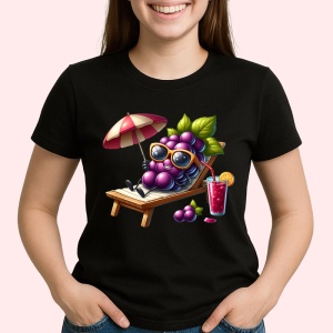 Tricou Strugure amuzant de vara pe sezlong, Fructe, Copii | Dama, culoare negru - Img 2
