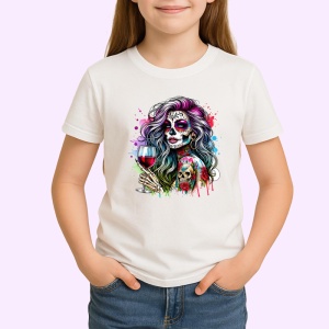 Tricou sugar skull girl wine and roses, fata cu craniu dulce vin si trandafiri, Copii | Dama | Barbat - Img 3