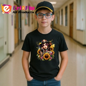 Tricou Sunflower bouquet girl hat, fata cu palarie si buchet de floarea soarelui, Copii | Dama | Barbat , tricou negru - Img 5