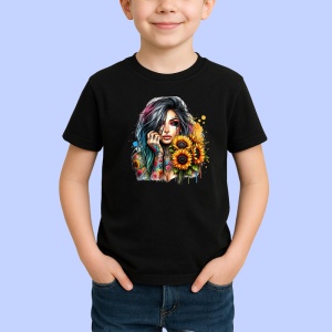 Tricou Sunflower eye rainbow girl, fata curcubeu cu floarea soarelui in ochi, Copii | Dama | Barbat , tricou negru - Img 2