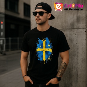 Tricou Sweden Steag Splash Art, Copii | Dama | Barbat, culoare negru - Img 7