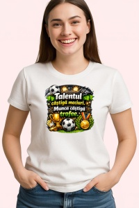 Tricou Talentul Castiga Meciuri Munca Trofee Fotbal, din bumbac 100% , tricou alb pentru Copii | Dama | Barbat - Img 3