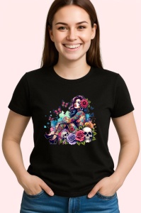 Tricou Tattooed girl with skulls and flowers, fata tatuata cu cranii si flori, Copii | Dama | Barbat , tricou negru